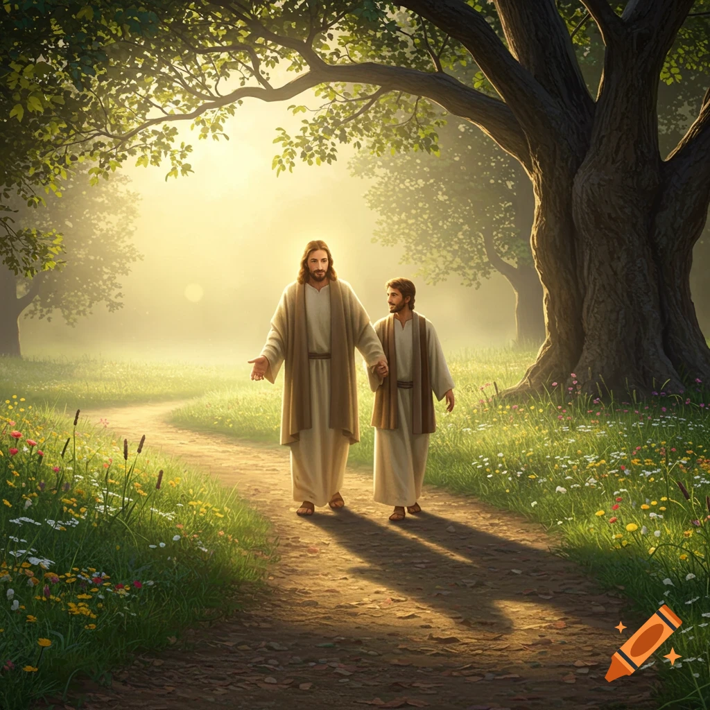Jesus walks with a man on a sun-dappled dirt path lined with wildflowers under green trees.
