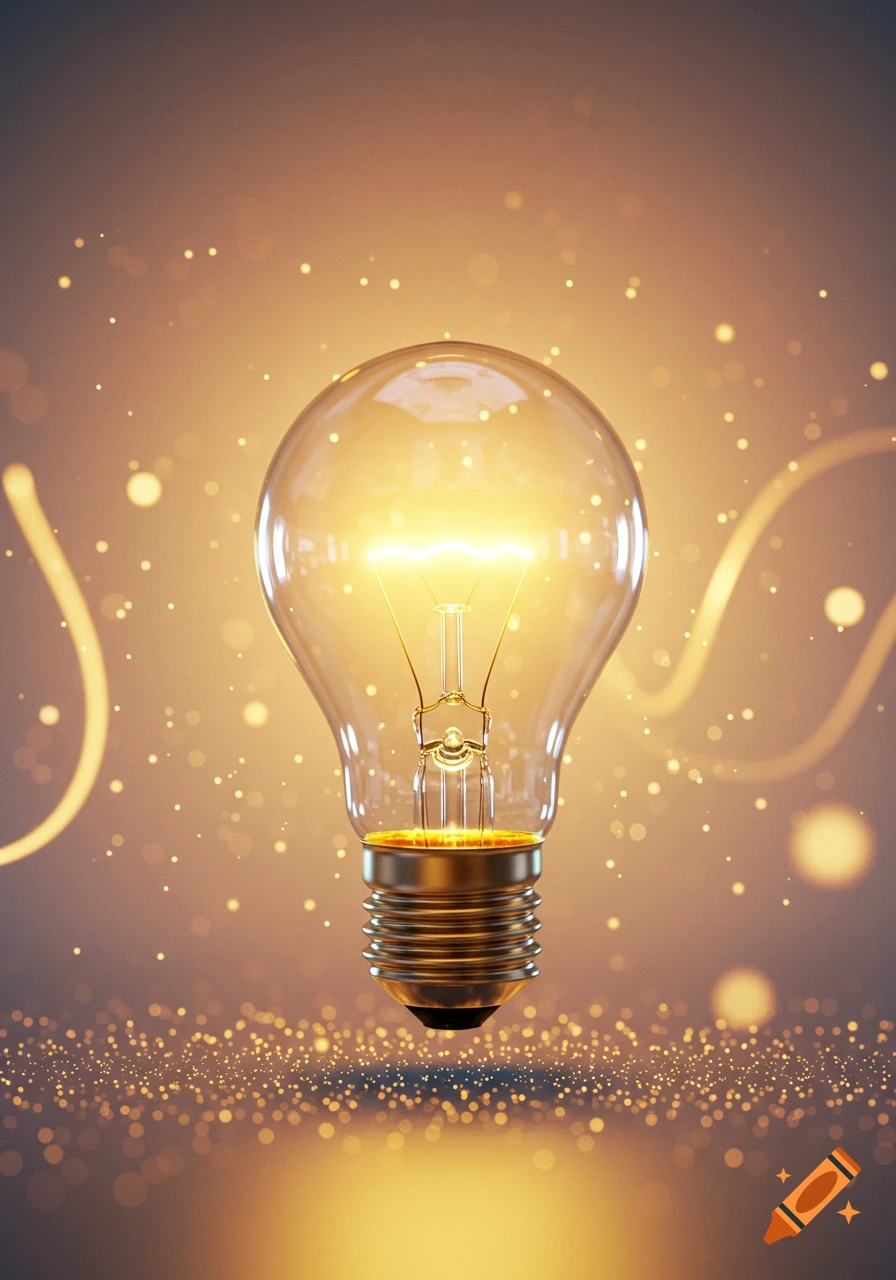 A brightly lit light bulb against a warm, glowing, and sparkly golden background.