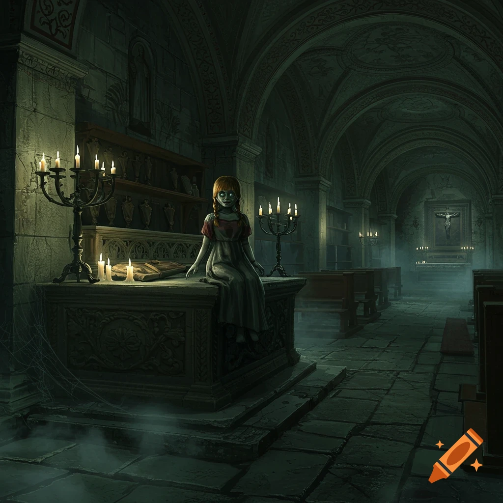 A creepy doll with glowing eyes and pigtails sits on a stone altar amidst lit candles in a dark, gothic church.