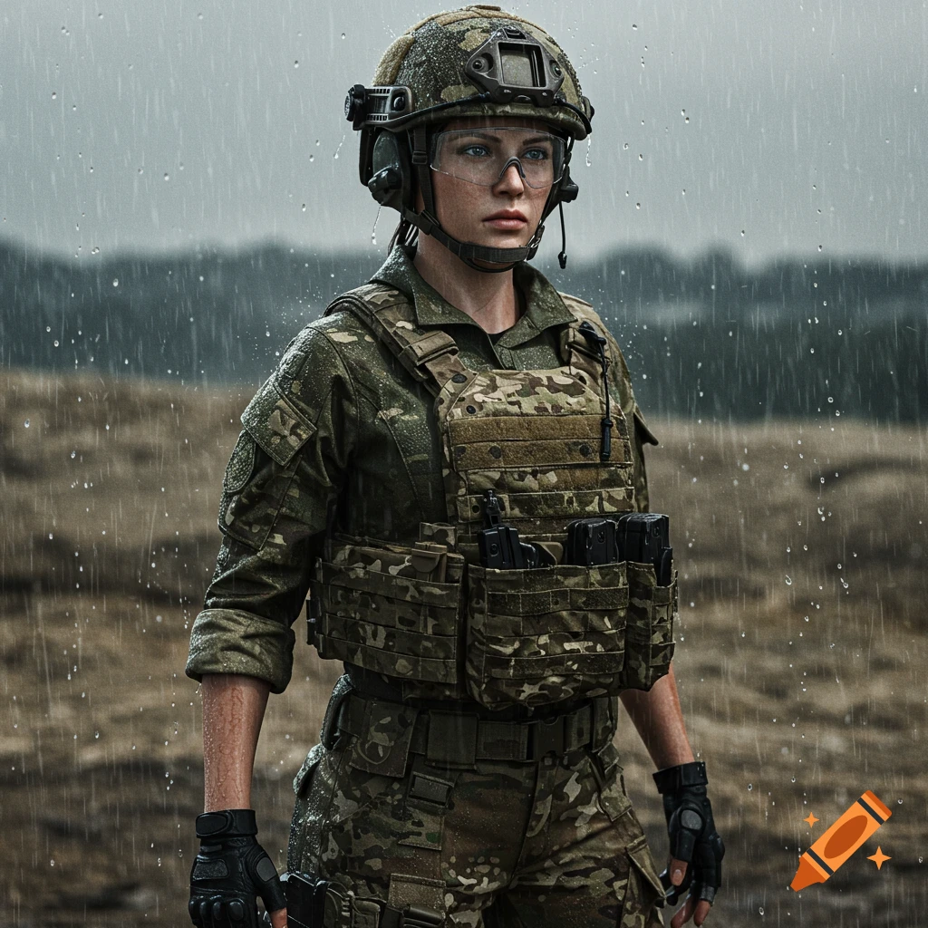 A photorealistic image of a female soldier in camouflage uniform and helmet, standing in the rain.