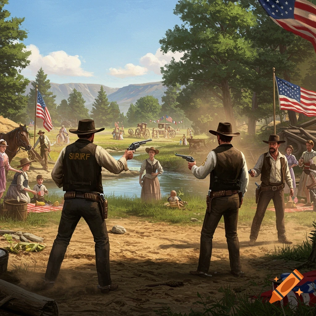 A sheriff and a deputy engage in a standoff with three outlaws during a 4th of July picnic by a creek in the Old West.