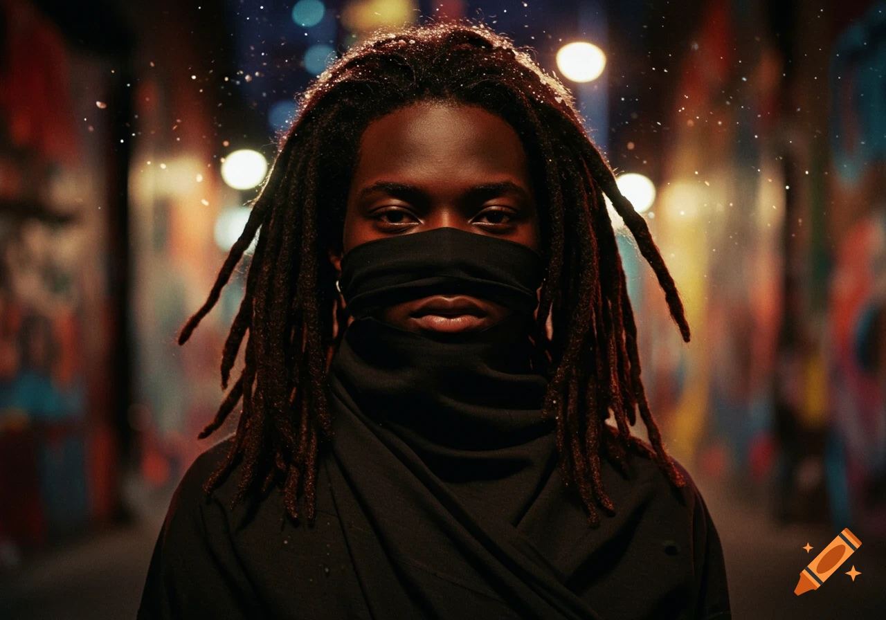 A close-up portrait of a person with dreadlocks, their eyes and lower face covered with a black fabric mask, in an urban alley with bokeh lights and graffiti.