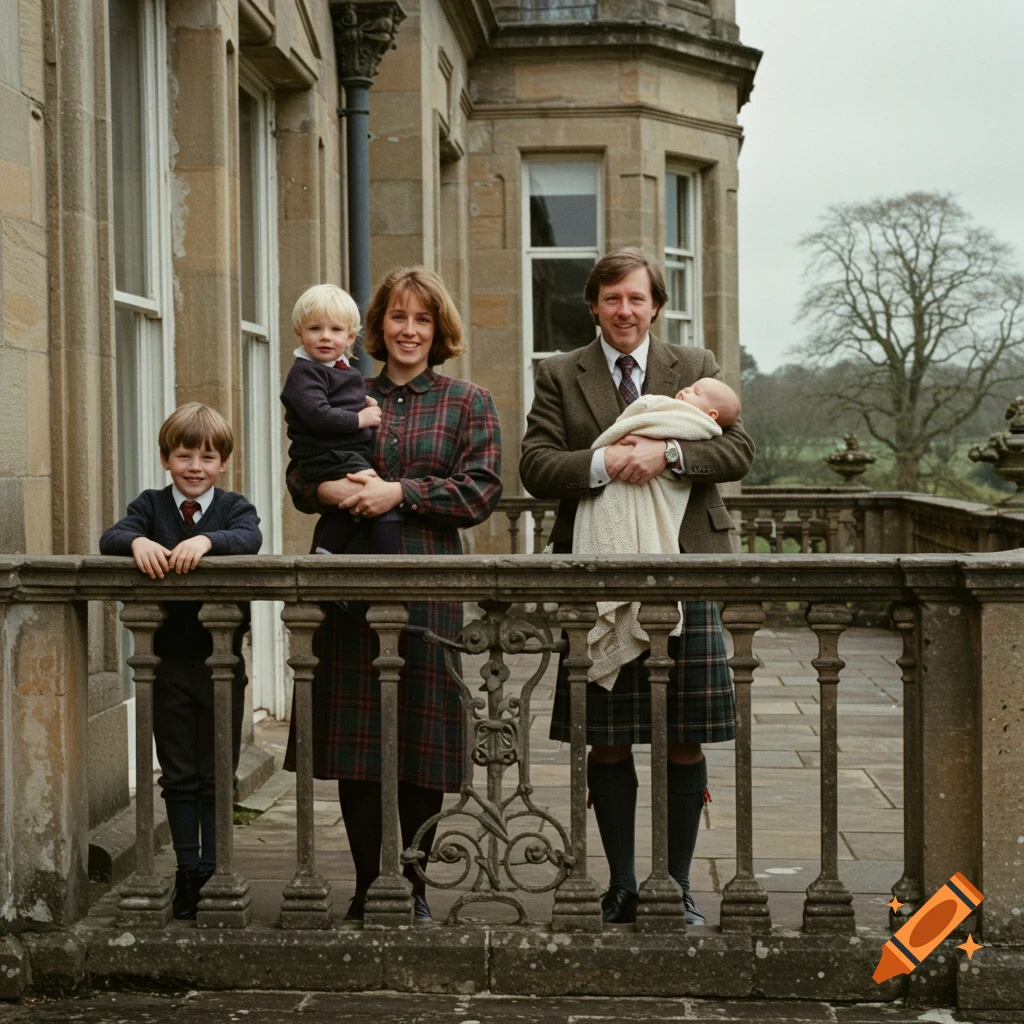 A Scottish family with a woman holding a young boy, a man holding a baby, and an older boy on a stone mansion balcony, 1980s.