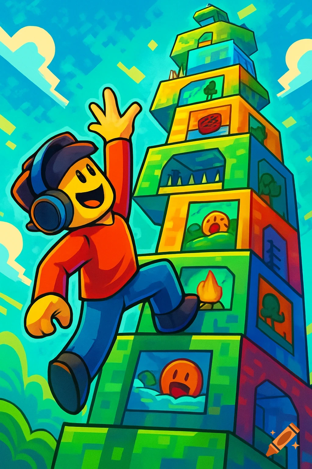 A cartoon character with headphones reaches up towards a colorful, blocky tower filled with different scenes, against a pixelated blue sky.