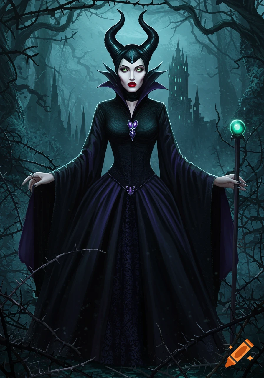 A dark fantasy illustration of a sorceress resembling Maleficent in a black horned gown, holding a staff in a thorny forest with a castle.