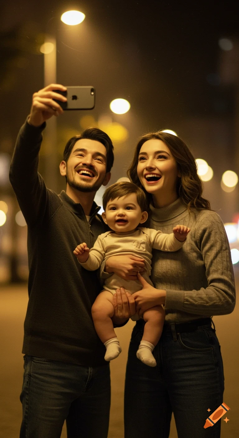 A happy family, a man, woman, and baby, taking a selfie on a street at night, lit by streetlights.