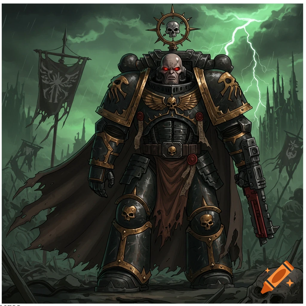 A grimdark cartoon illustration of a Space Marine-like figure in black and gold armor with red eyes, standing on a desolate battlefield under a stormy green sky.