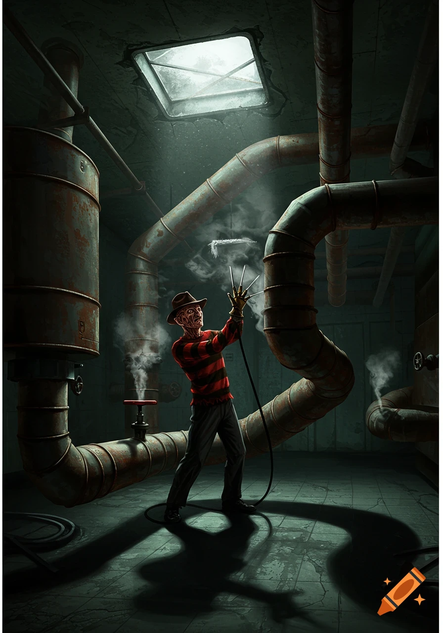 Freddy Krueger stands in a dimly lit, rusty boiler room, surrounded by large pipes and steam, with light shining from an overhead window.