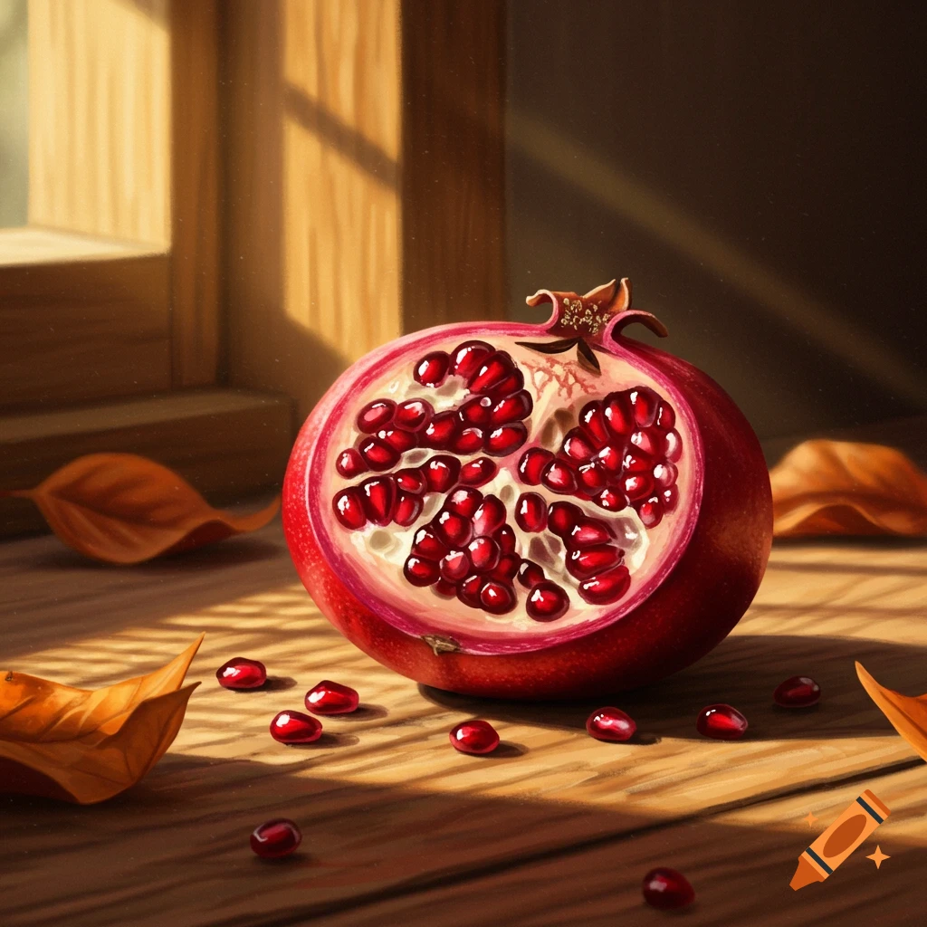 A vibrant, halved pomegranate with glistening red seeds rests on a wooden table, bathed in sunlight from a window.