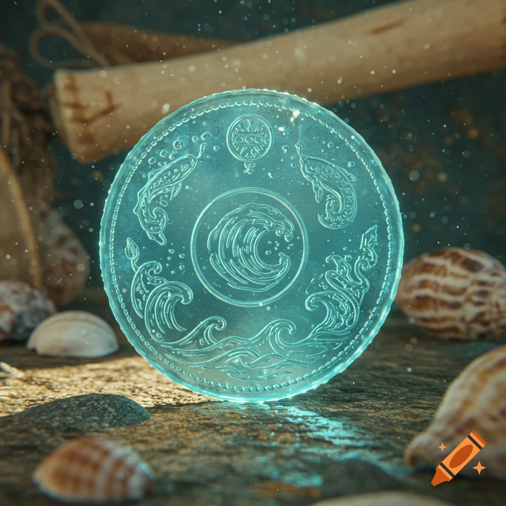A glowing, translucent glass coin with intricate aquatic designs resting on a sandy seabed among seashells.