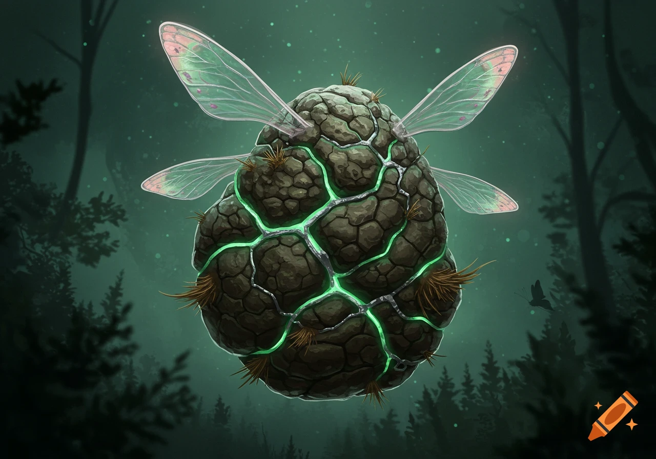 A fantastical, glowing green and brown rock-like creature with translucent fairy wings floats in a dark, mystical forest.