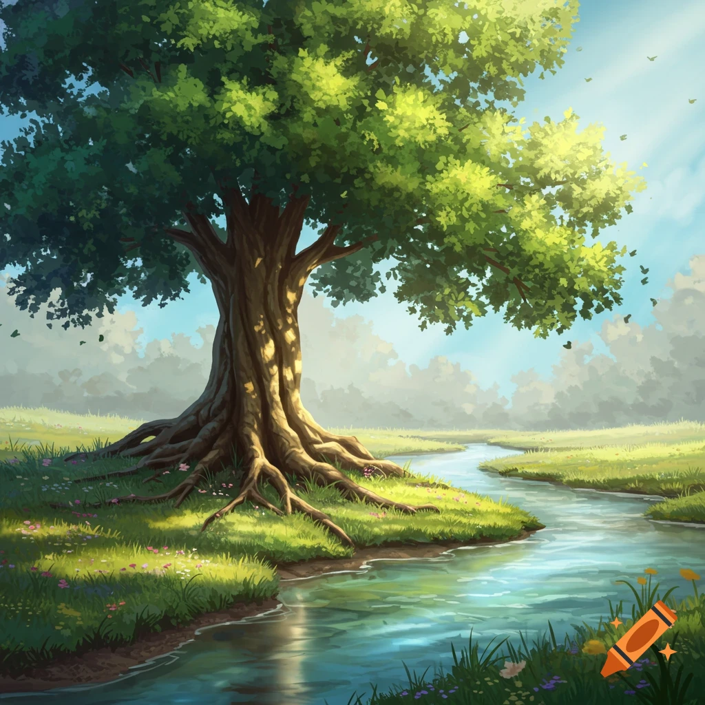 A lush green tree with prominent roots stands by a clear stream in a sunlit, grassy landscape.
