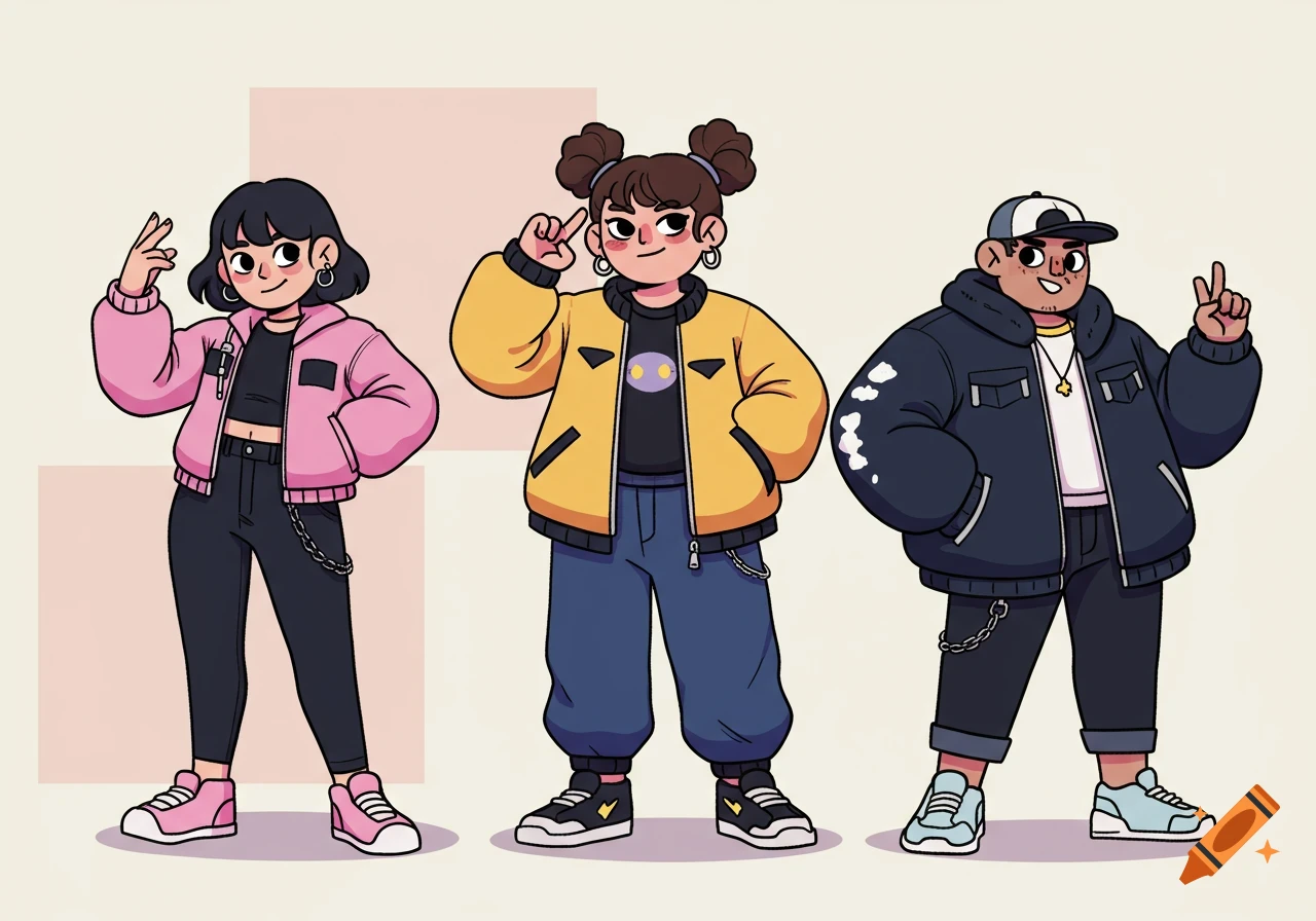 Three chunky, stylized cartoon characters (two women, one man) in fashionable streetwear, featuring thick line art and flat colors.
