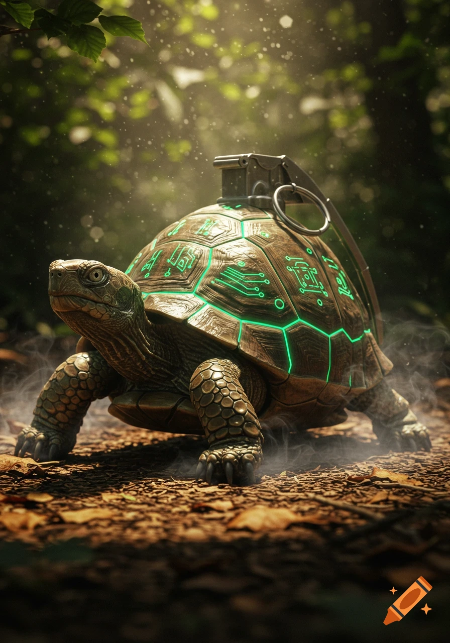 A large turtle with glowing green circuit patterns on its shell and a grenade strapped to its back walks through a misty forest.