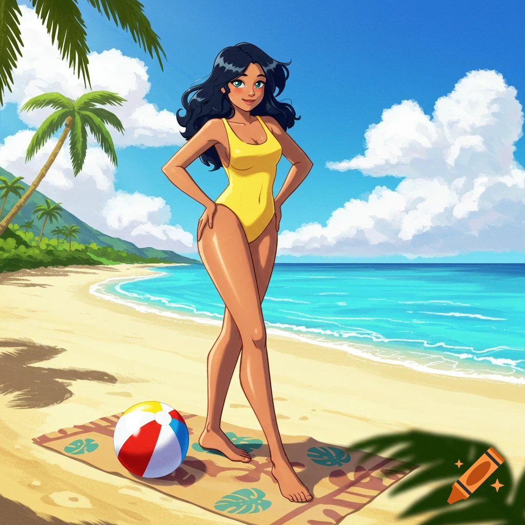 A cartoon woman with dark hair in a yellow one-piece swimsuit stands on a sunny beach next to a colorful beach ball.