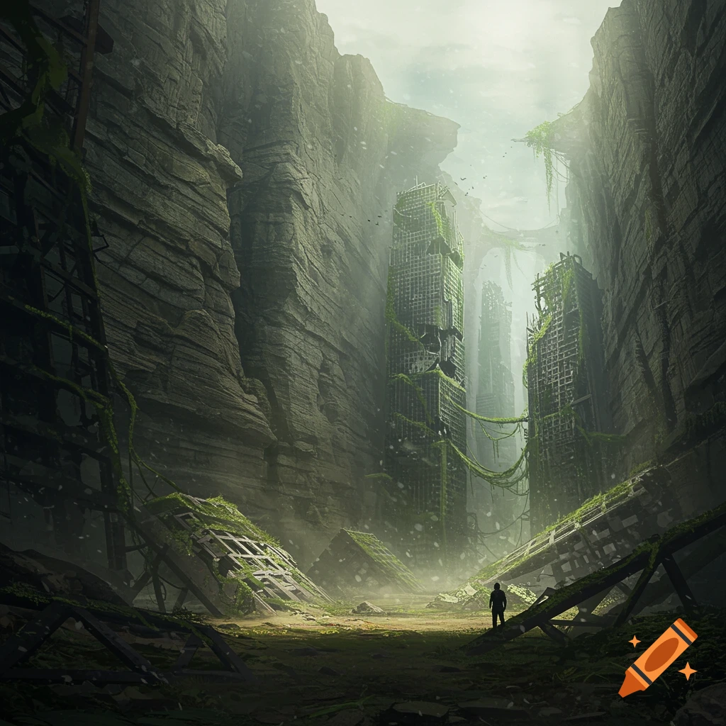 A lone figure stands in a deep, misty canyon surrounded by towering, moss-covered ruined skyscrapers.