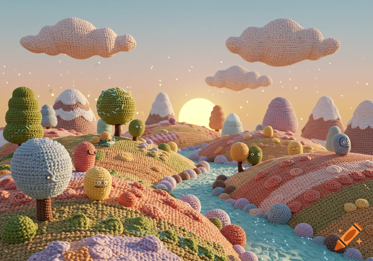 A whimsical crochet landscape with hills, a river, trees, and cute, round creatures under a pastel sky with a low sun.