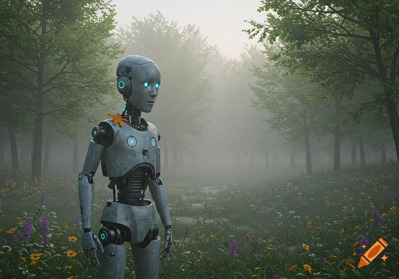 A grey robot with glowing blue eyes stands in a misty forest meadow filled with green trees and colorful wildflowers.