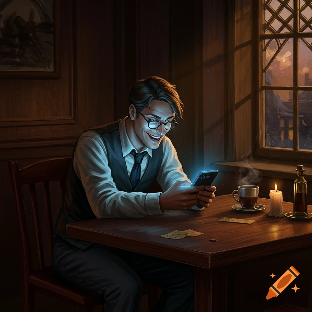 A man with glasses smiles while looking at his glowing phone in a dimly lit room, with a coffee cup and candle on the table.