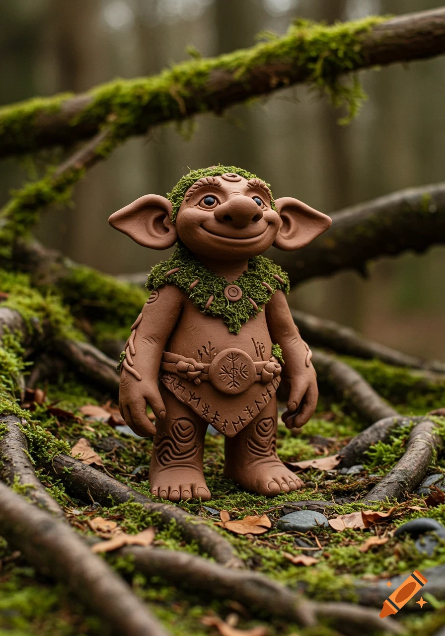 A smiling clay troll figure covered in moss stands among tree roots and moss in a forest.