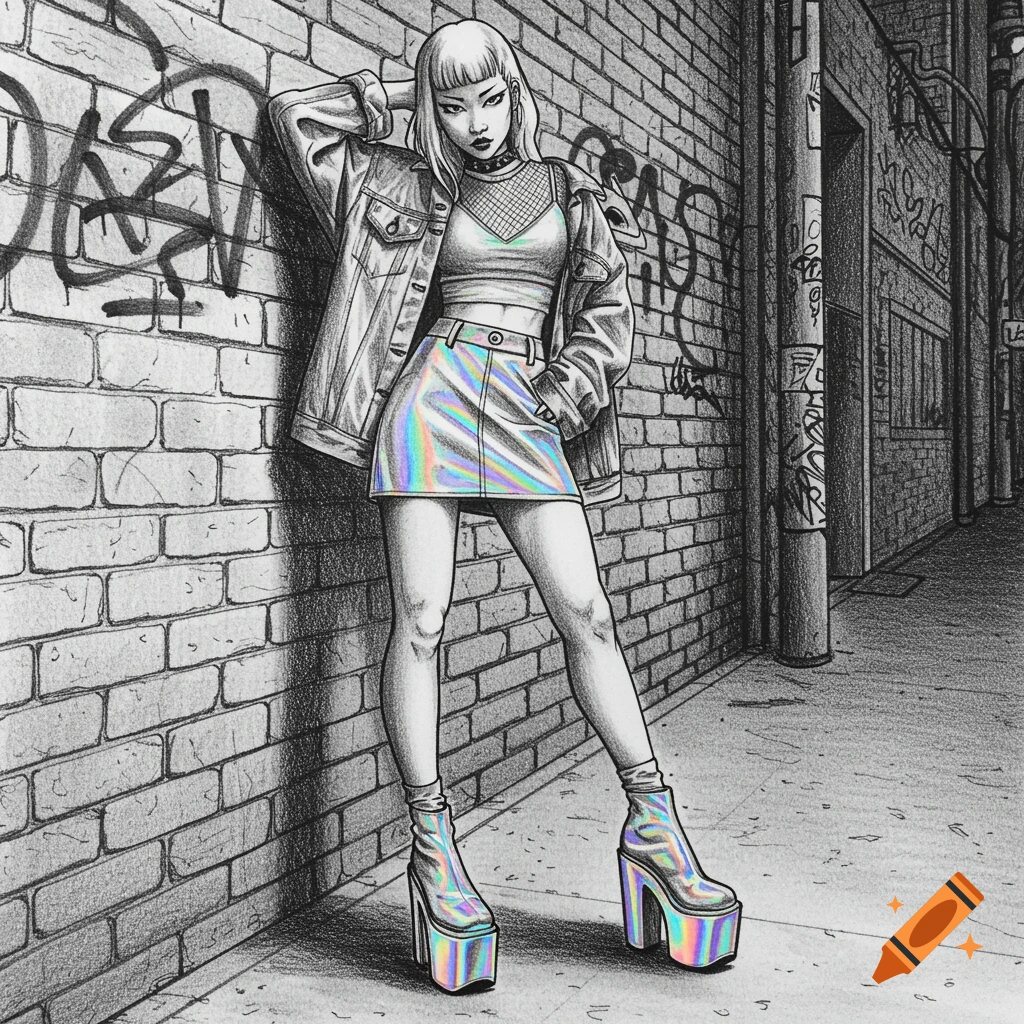 A black and white sketch of a stylish young woman in a denim jacket and a holographic skirt and platform boots, standing in an alley with graffiti.