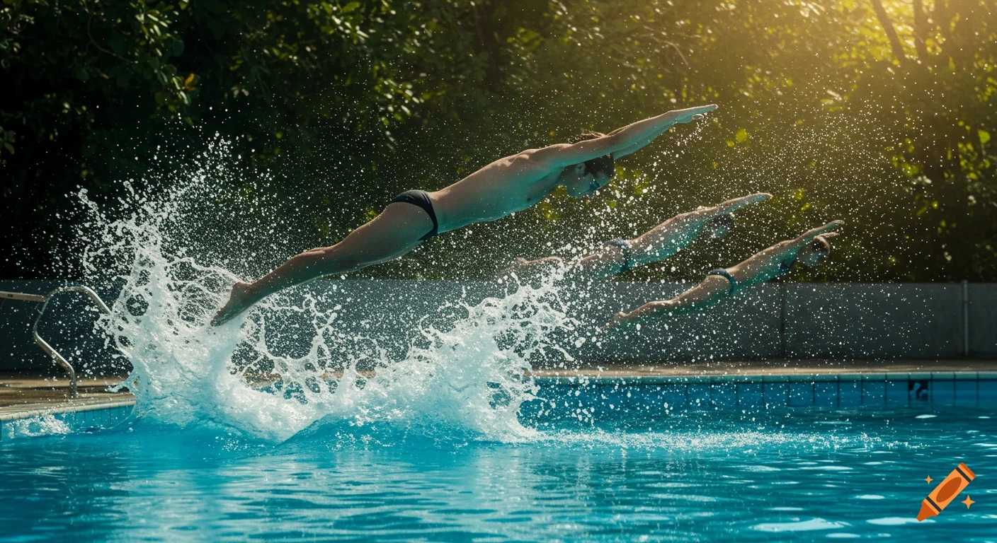 Three swimmers dive into a bright blue swimming pool, creating large splashes under sunlight.