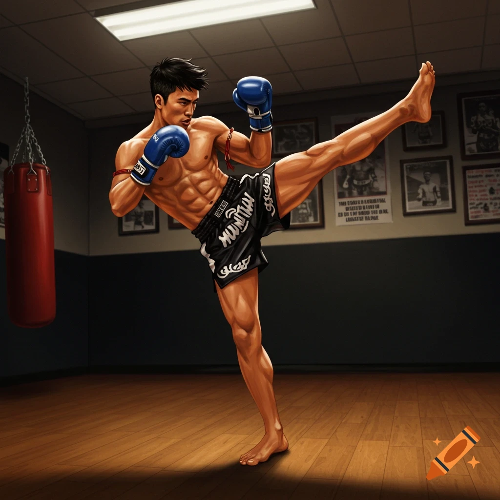 Muscular male martial artist in blue gloves and black Muay Thai shorts performing a high kick in a gym.