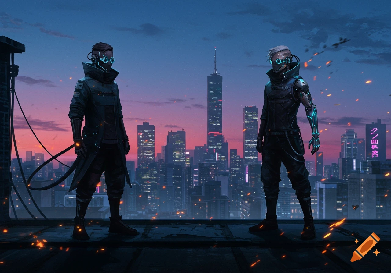 Two futuristic figures with glowing masks stand on a city rooftop at sunset, overlooking a sprawling cyberpunk metropolis.