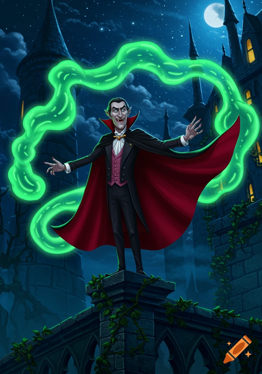 Cartoon vampire in a red cape on a castle wall at night, conjuring green smoke.