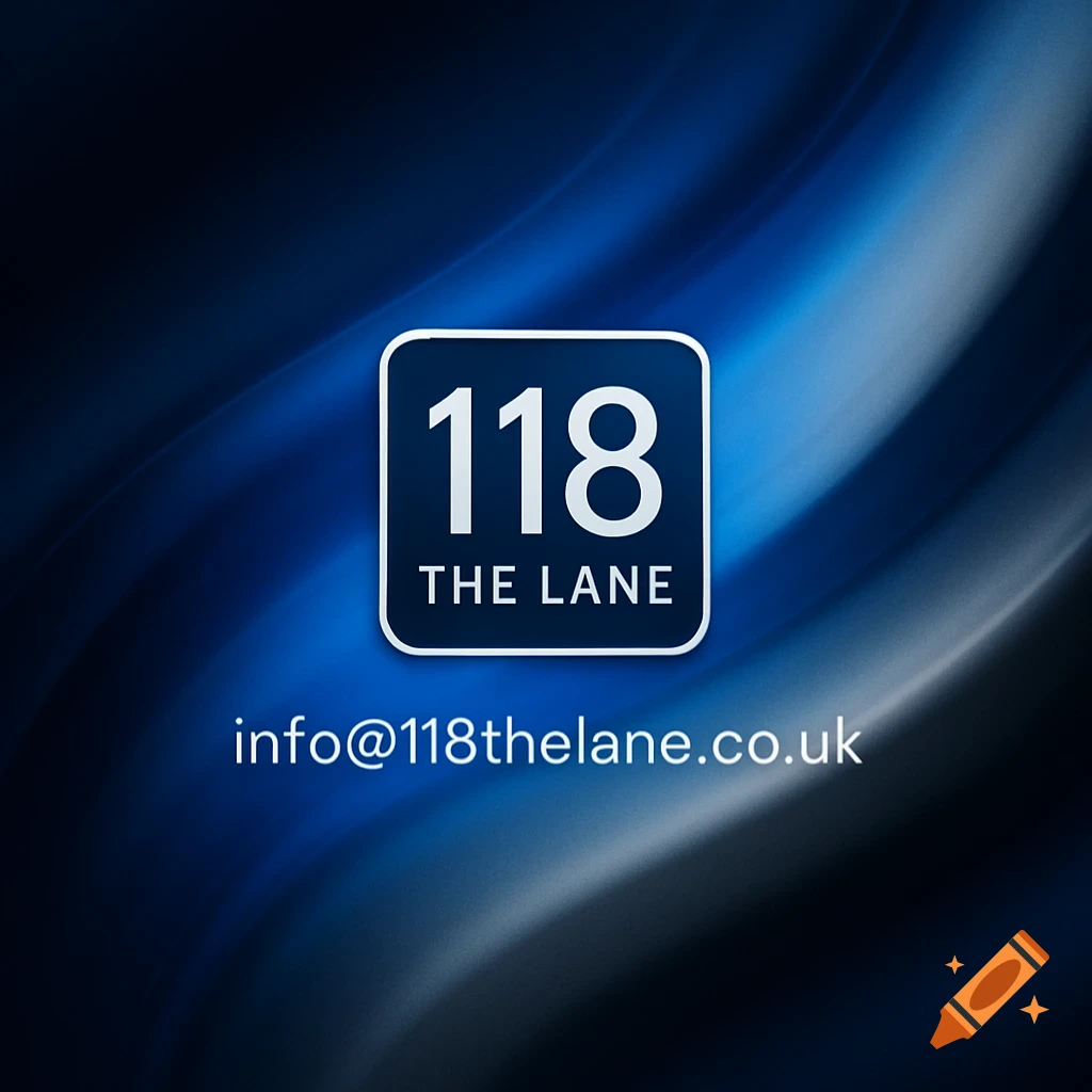 Logo for '118 THE LANE' and email 'info@118thelane.co.uk' on a dark blue abstract background.