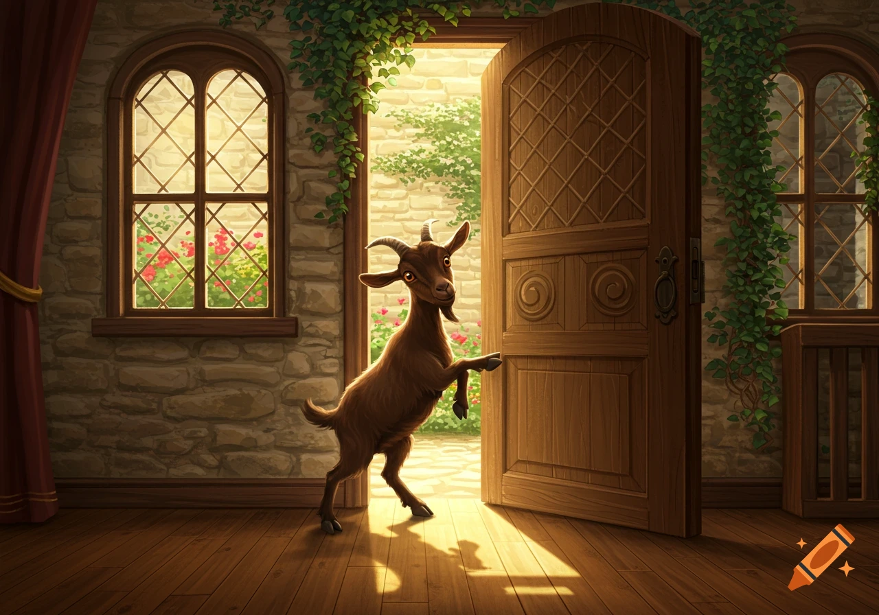 A whimsical brown goat stands on its hind legs at an open wooden door, looking into a sunlit garden from a stone-walled room.