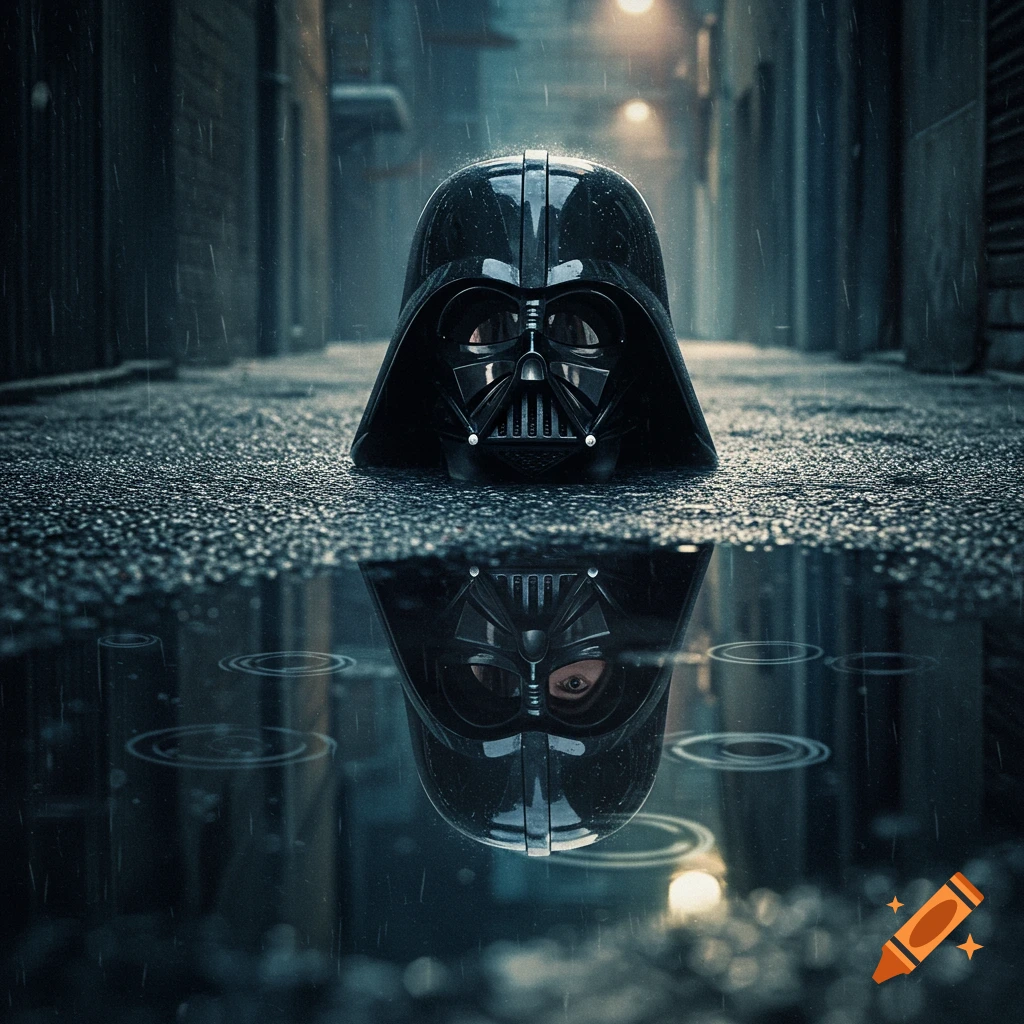 A photorealistic image of Darth Vader's helmet half submerged in a rainy puddle, reflecting Anakin Skywalker's eyes in the dark water.