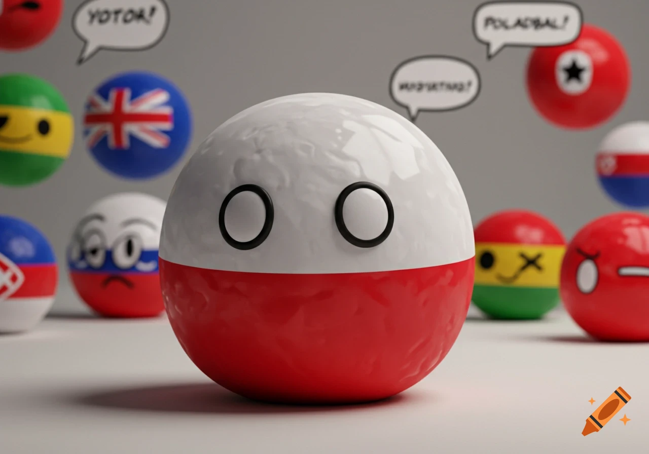 A close-up of a Polandball character (white top, red bottom) with black eyes, with other countryball characters and speech bubbles in the background.