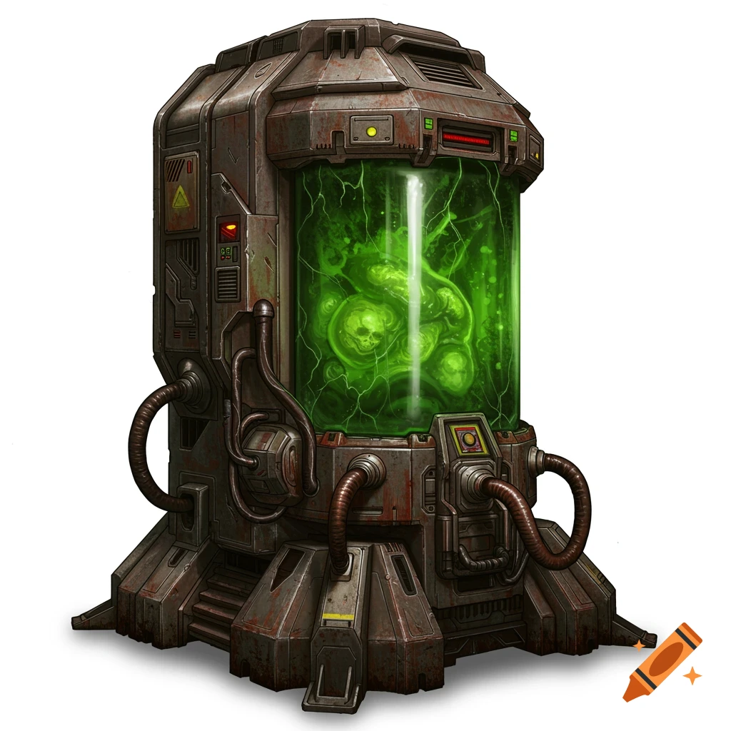 A rusted, metallic bio-tank with a glowing green liquid containing skeletal and mutated forms, in a gritty sci-fi style.