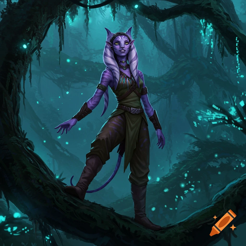 A purple-skinned Togruta alien character with lekku stands on a tree branch in a mystical, dark teal forest with glowing elements.