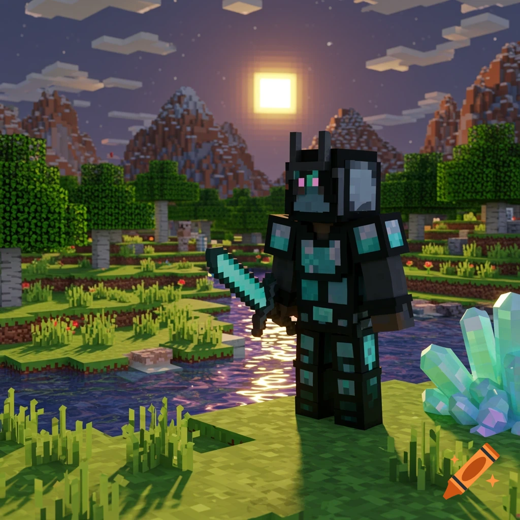 A blocky character in black and teal armor holding a glowing sword stands by a river in a pixelated Minecraft-style landscape with mountains and a square sun.