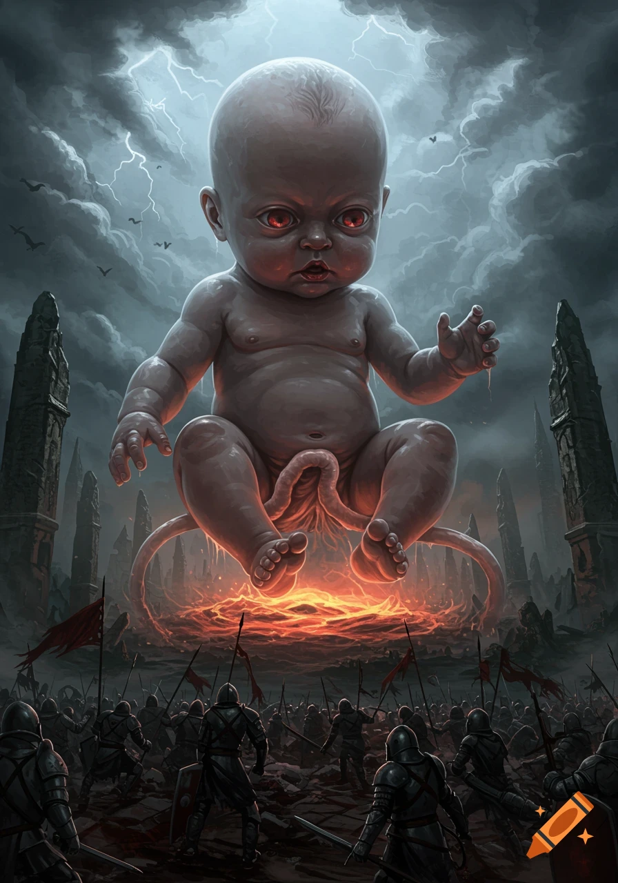 A giant, menacing baby with glowing red eyes floats above a fiery abyss, facing an army of knights under a stormy, lightning-filled sky with dark ruins.
