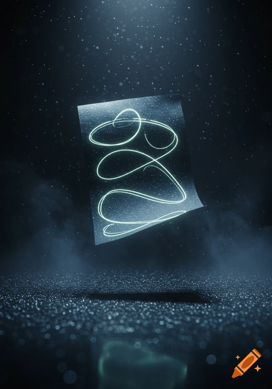 A glowing piece of paper levitates in a dark, ethereal space filled with luminous particles. Neon green lines swirl abstractly across its surface.