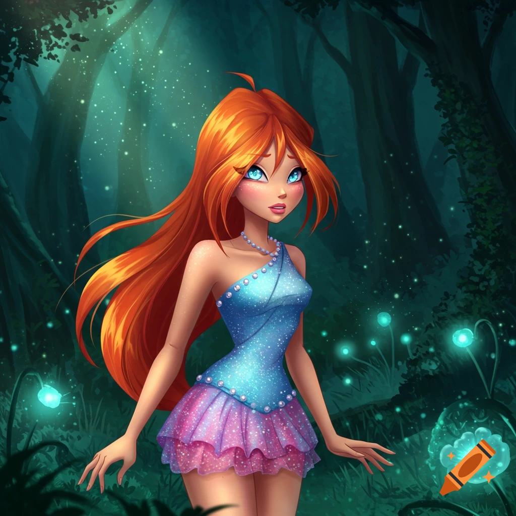 A vibrant, animated character with long orange hair and a sparkly blue and pink dress stands in a mystical, glowing forest.
