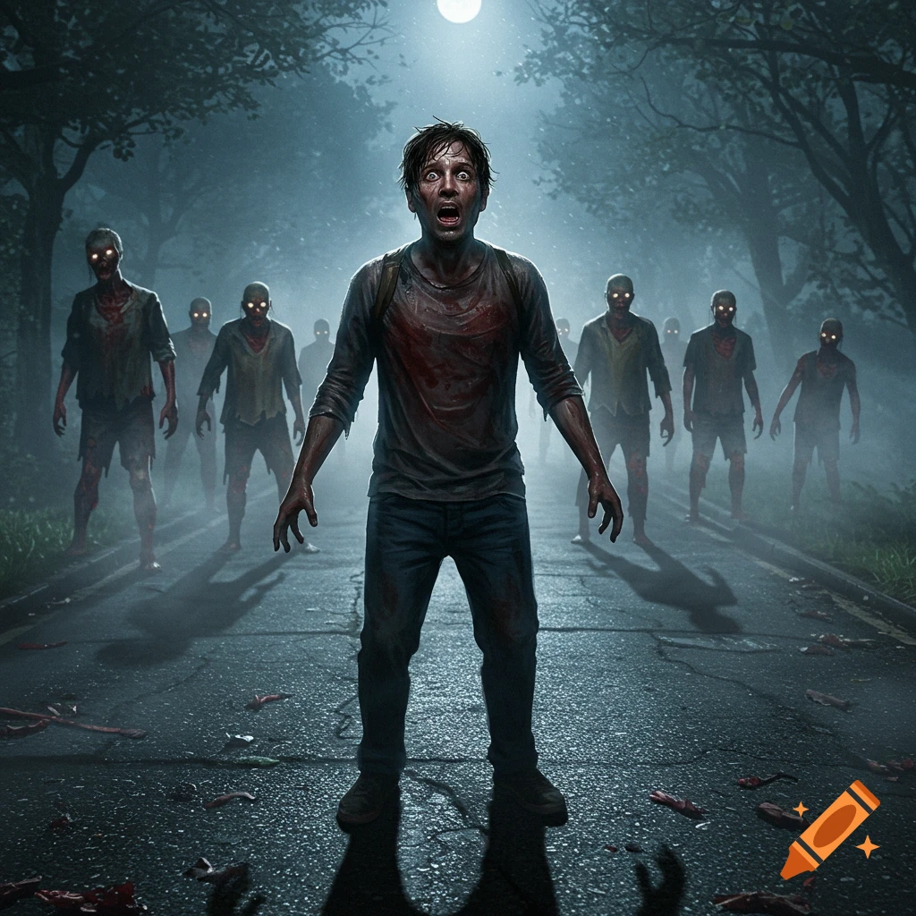 A scared man stands on a dark, wet road, facing a herd of glowing-eyed zombies under a full moon, in a photorealistic horror style.