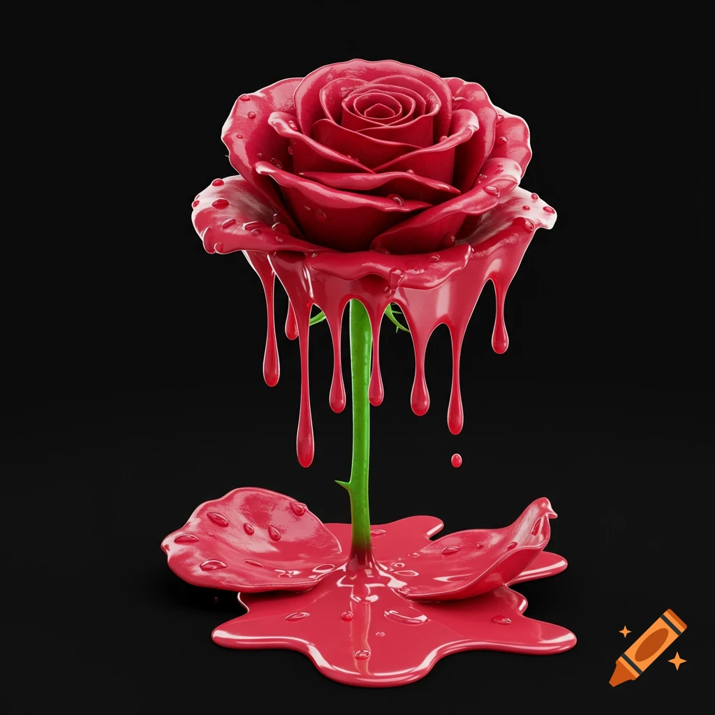 A vibrant red rose with glossy red liquid dripping from its petals and stem, pooling at the base, against a black background. 3D render.