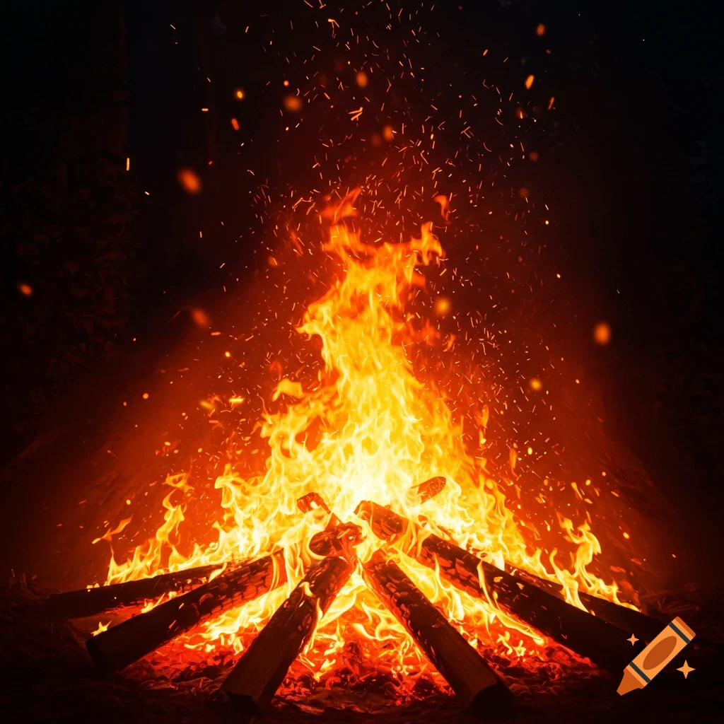 A vibrant campfire with bright orange and yellow flames burning logs, emitting sparks against a dark background.
