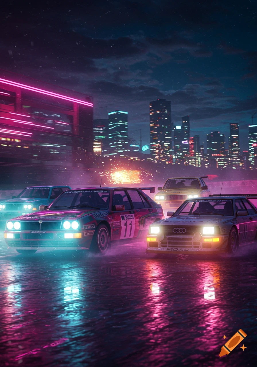 Rally cars with neon headlights race on a wet city street at night, with a cyberpunk-style skyline in the background.