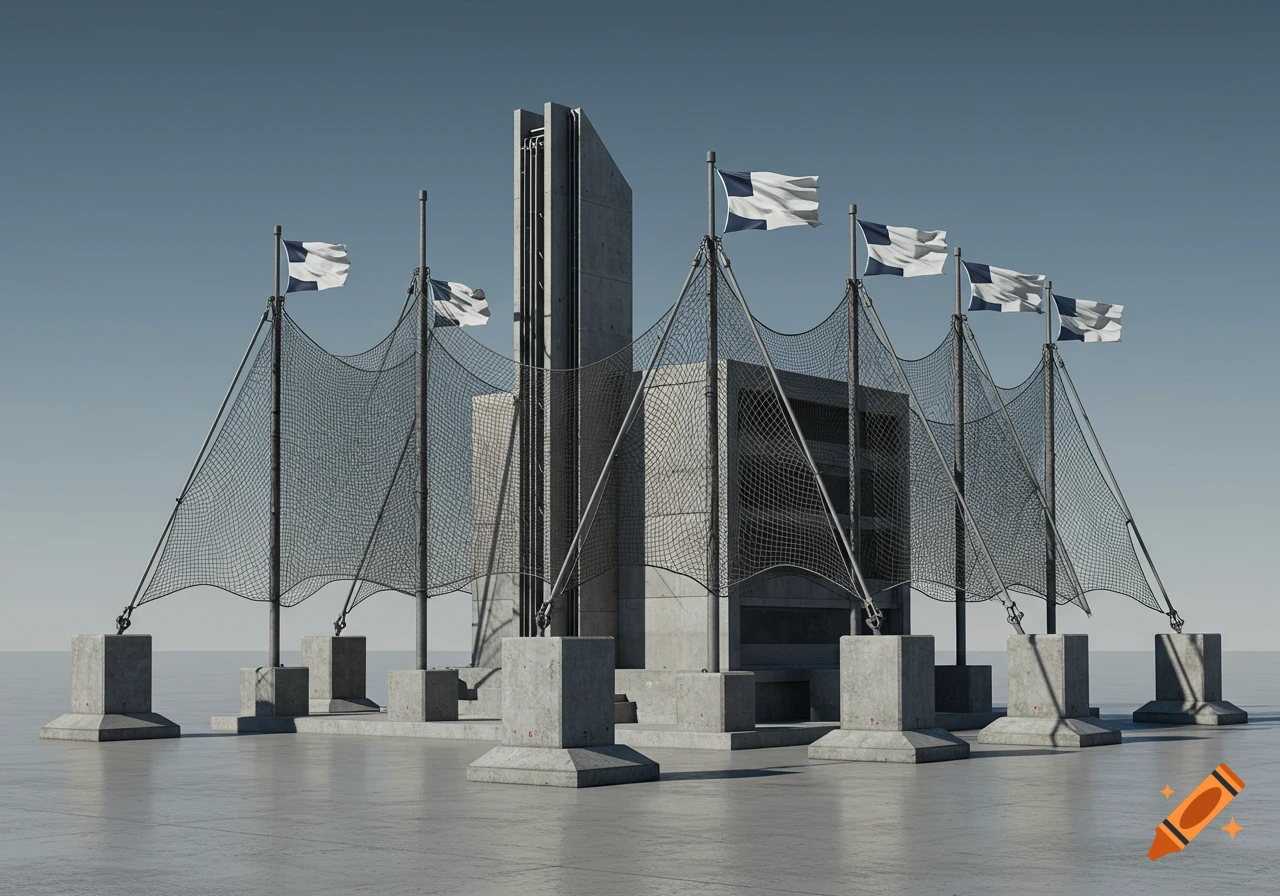 A minimalist 3D rendering of a concrete structure featuring multiple flagpoles with white and blue flags and netting.