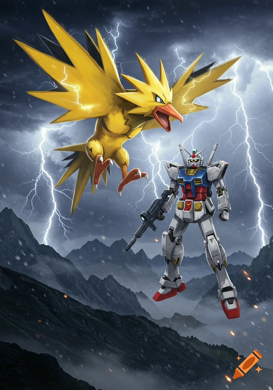 A yellow Zapdos Pok good émon battles a white Gundam mech in a dramatic, lightning-filled mountain landscape.