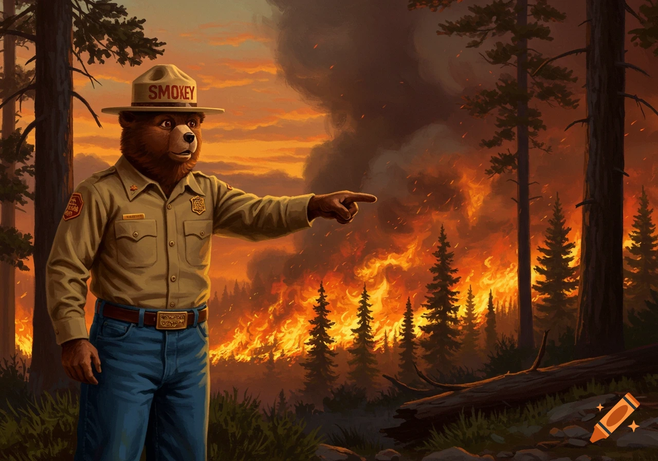 Smokey Bear in uniform points at a large wildfire burning in a forest at sunset.