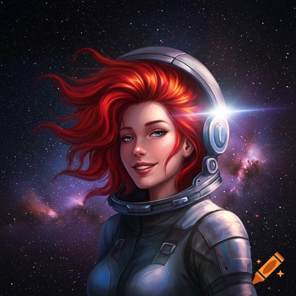 A vibrant portrait of a red-haired woman astronaut with blue eyes, smiling with her helmet open, against a starry space background with nebulae.
