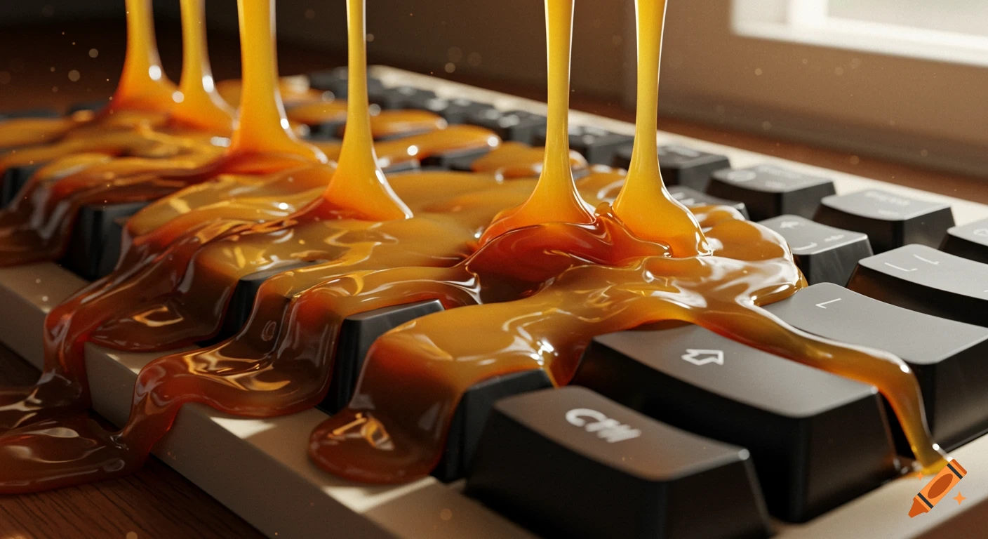 Photorealistic close-up of thick, gooey caramel pouring and dripping over the black keys of a computer keyboard.