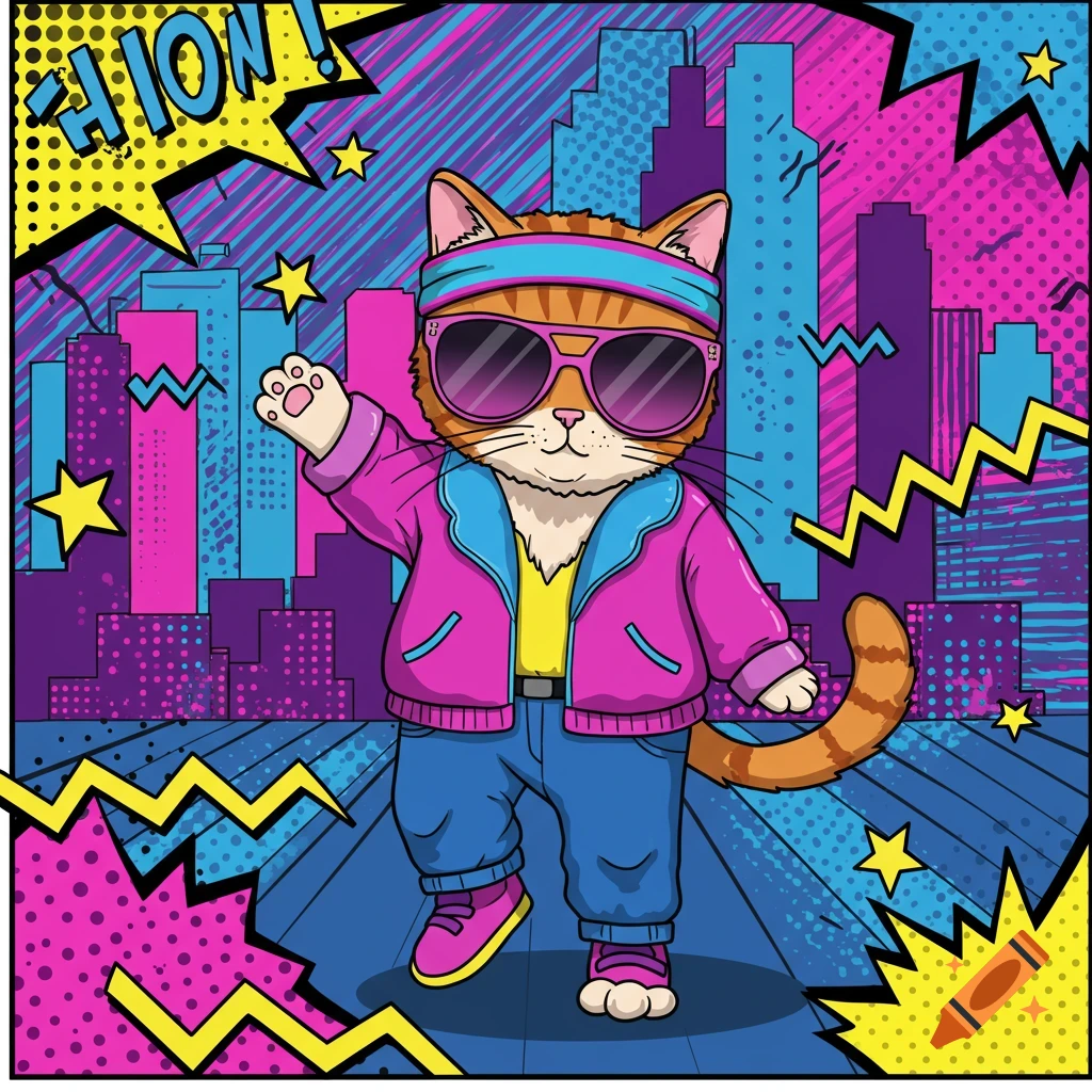 A cool cartoon cat in 80s retro clothing and sunglasses stands on a street with a city skyline, in a pop art comic book style. A speech bubble says "THION!"