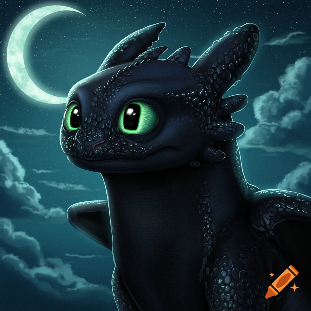 Close-up of Toothless the dragon with bright green eyes, against a moonlit night sky with clouds and stars.